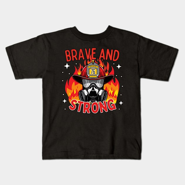 Firefighters Flaming Helmet Brave and Strong Kids T-Shirt by Annabelhut